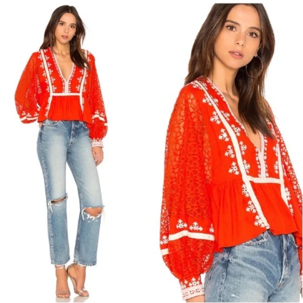 Free People Boogie All Night Eyelet Lace Balloon Sleeve Blouse sz M